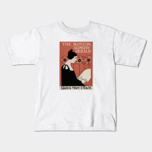 The Boston Sunday Herald vintage poster of a woman reading a newspaper in art nouveau style, by Ethel Reed. Kids T-Shirt